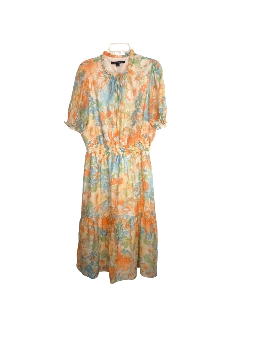 Cynthia - Steffe- Floral Tie-Neck Midi Dress in Pastel Orange and Blue - XL